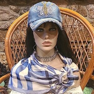 NWOT Blue Denim Butterfly Rhinestone Embellished Adjustable Baseball Cap